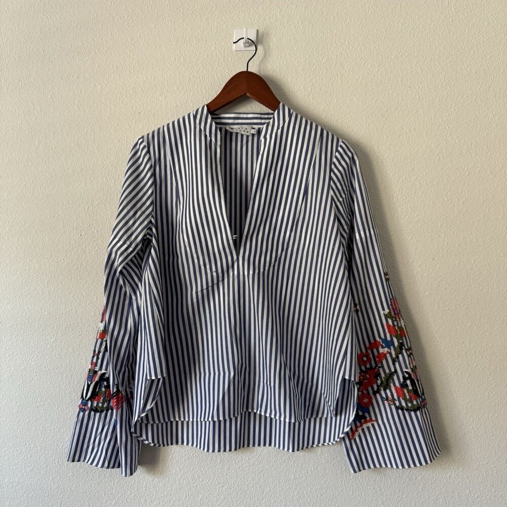 Tanya Taylor Klara Blouse Womens Size 2 Blue/White Stripe Embroidered